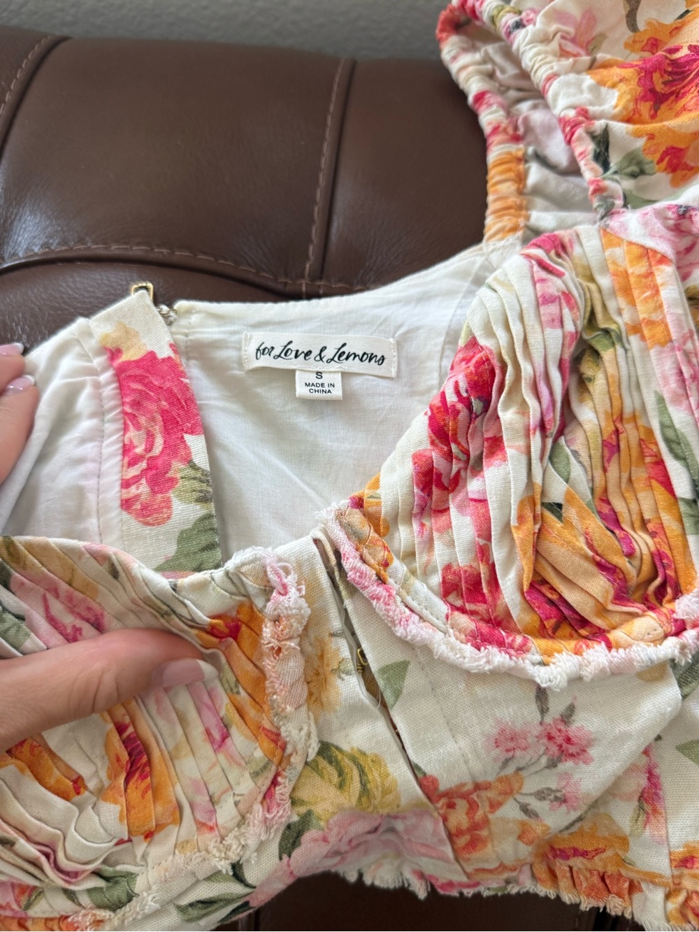 For Love & Lemons Floral Pleated Bustier Top in White, Pink, Yellow